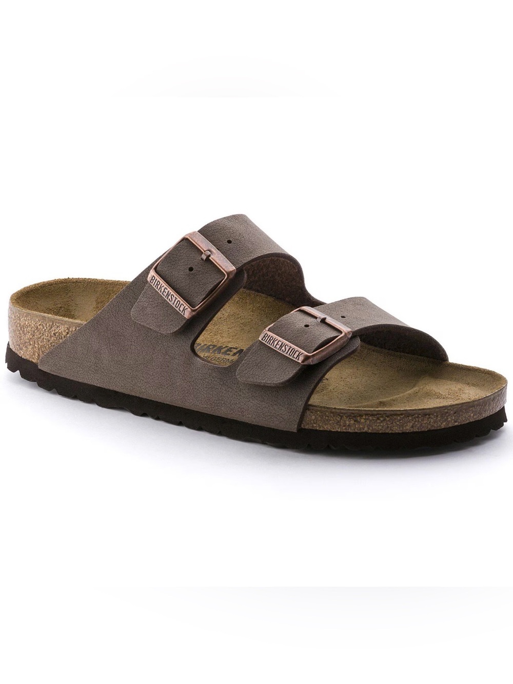 Birkenstock Arizona Two-Strap Sandal in Mocha with Copper Buckles size 40